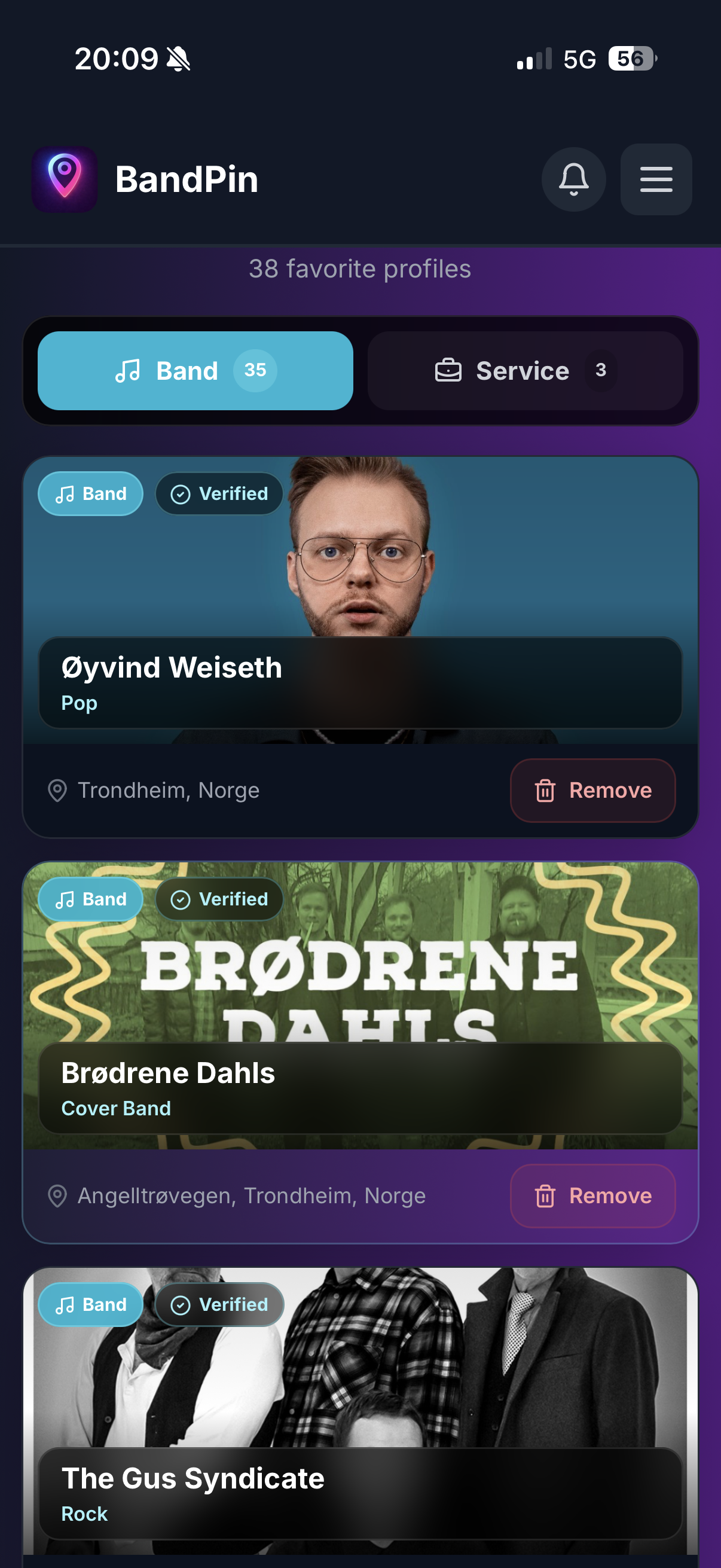 Favorite band profiles in BandPin