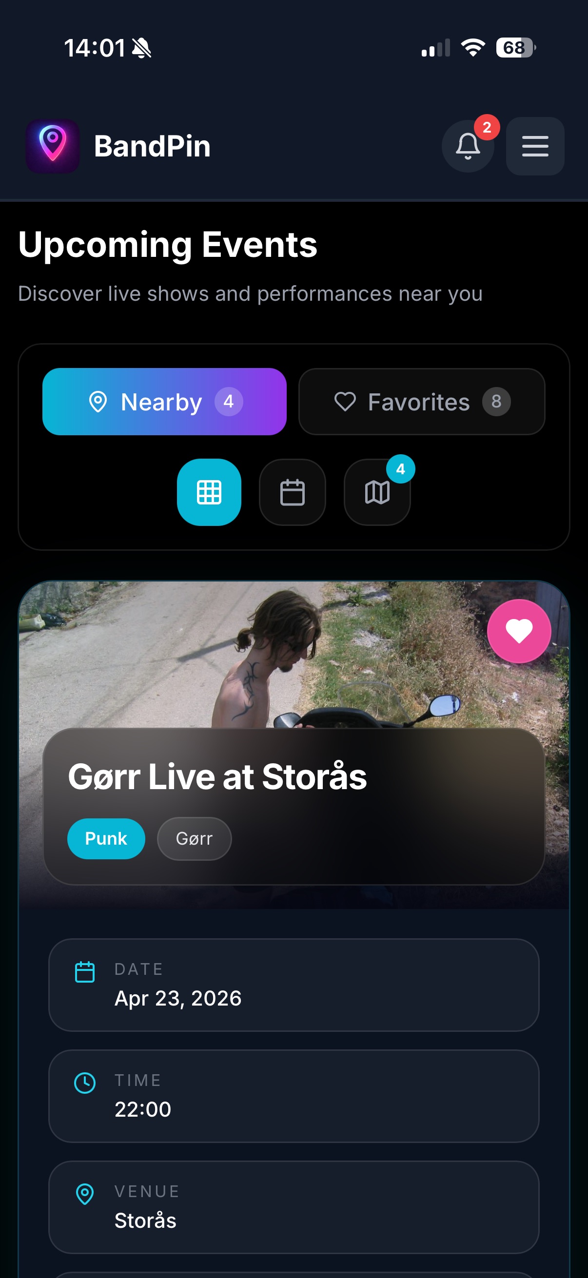 BandPin events screen