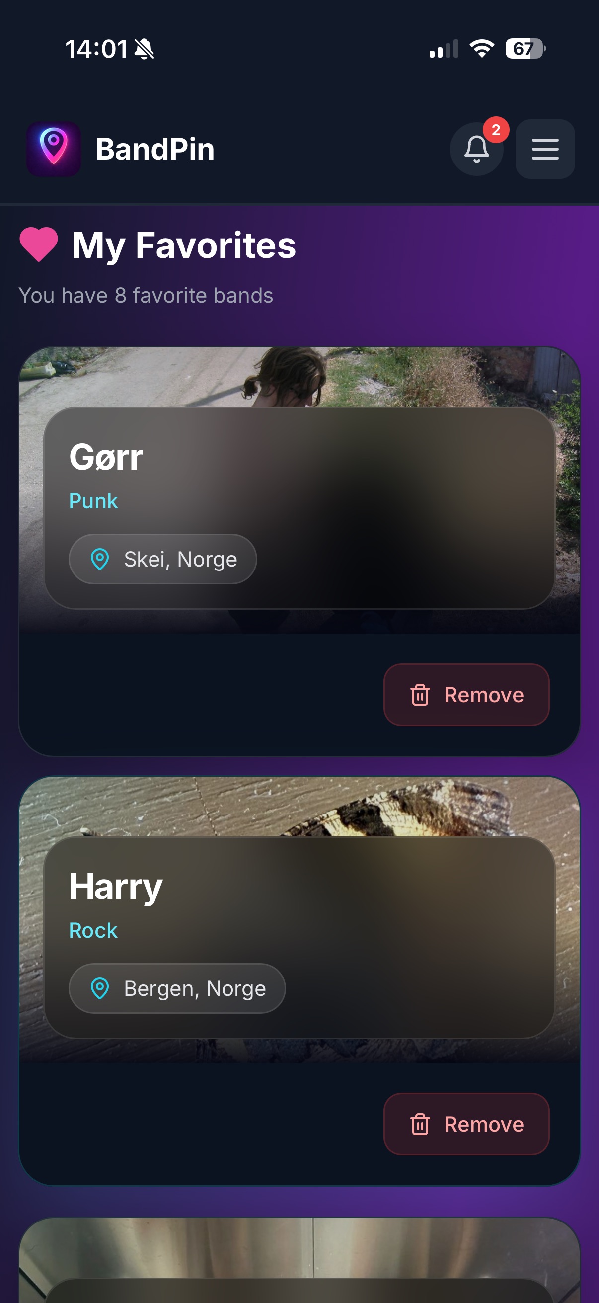 BandPin favorites screen